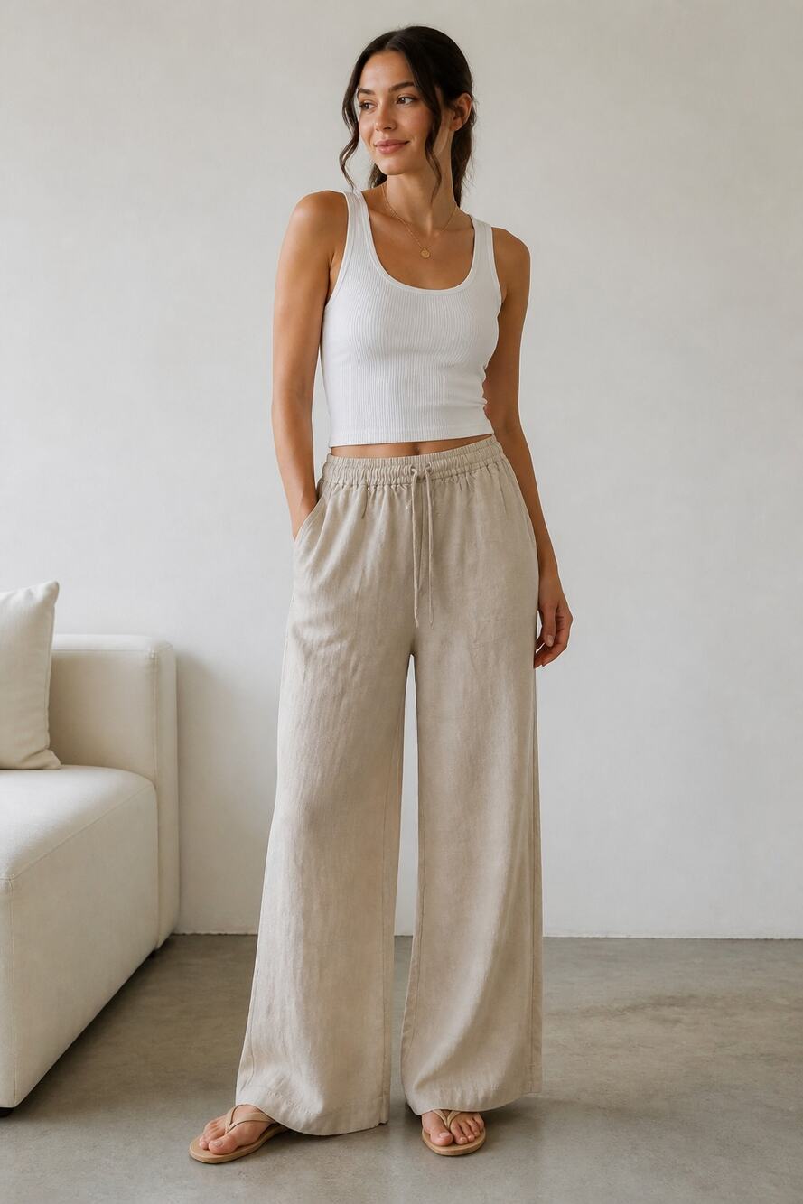 Max Studio Linen Wide Leg Drawstring Pants XS Beige